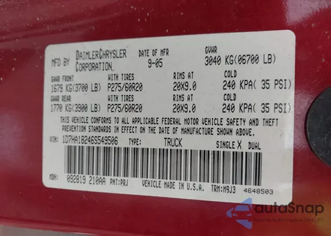 2006 Dodge Ram 1500 Slt из США, поврежденный, VIN 1D7HA18246S549506